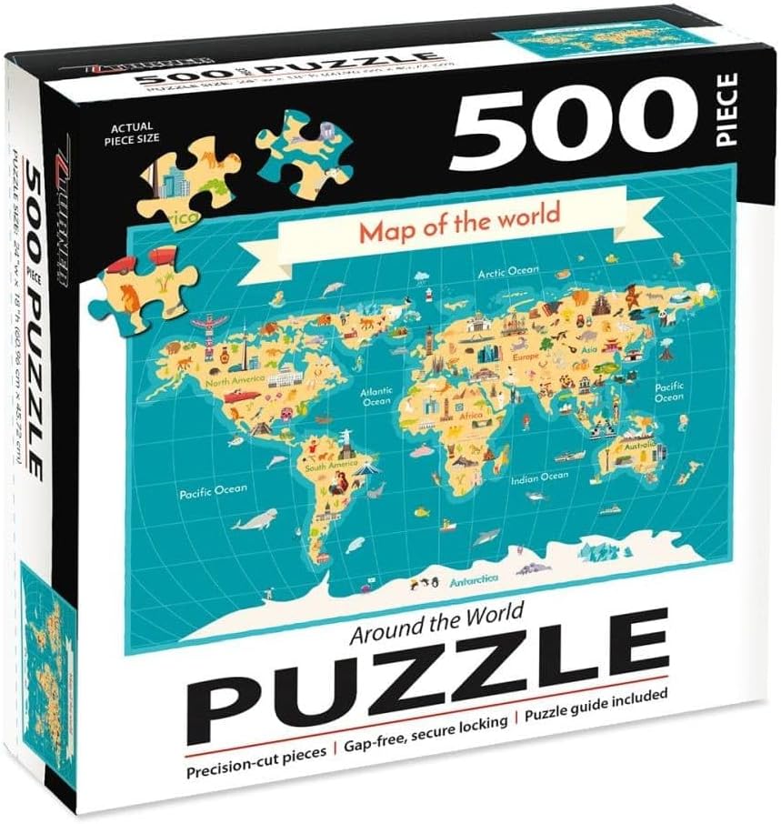 World map puzzle box with 500 piece count on a white background