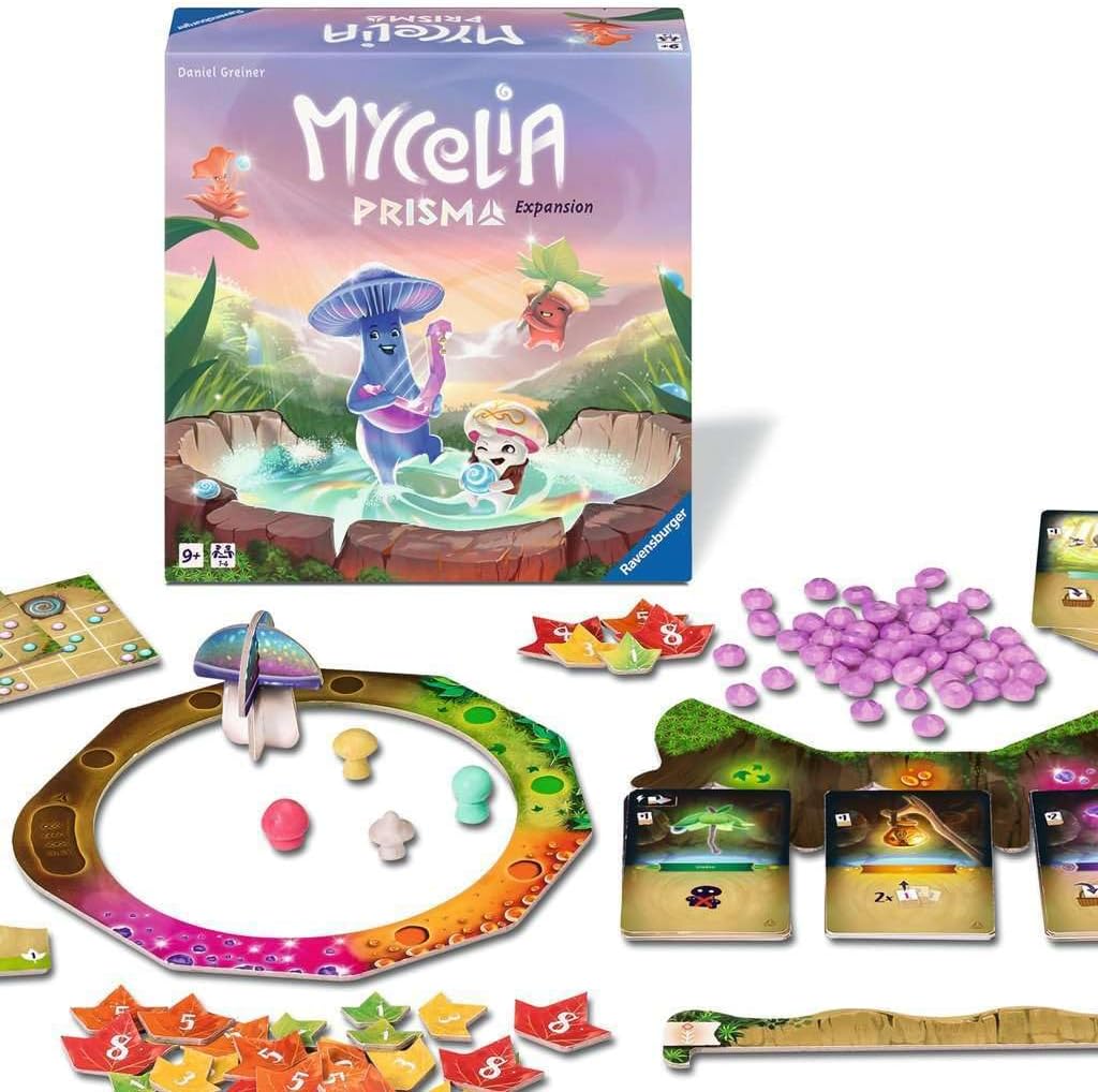 ravensburger Mycelia Prisma board game expansion set with colorful components and packaging.