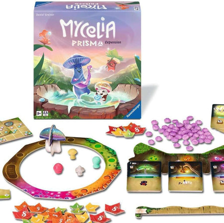 ravensburger Mycelia Prisma board game expansion set with colorful components and packaging.