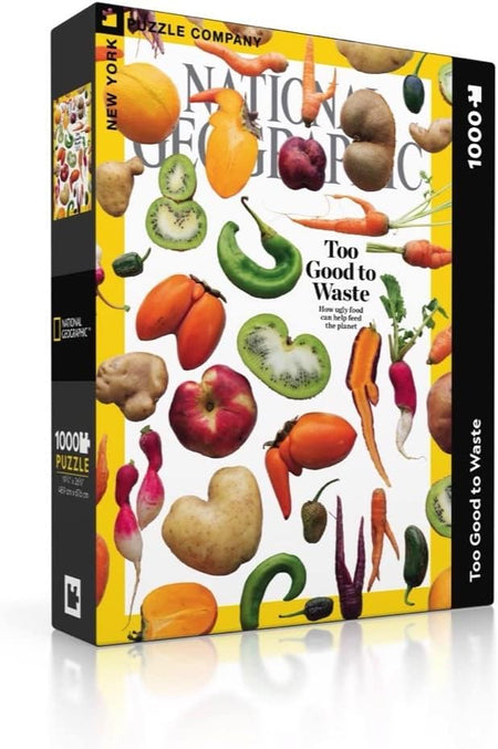 box image of new york puzzle company 1000 piece jigsaw puzzle too good to waste.  variety of fruits and vegetables