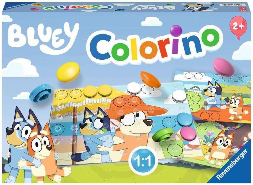 ravensburger Bluey Colorino game packaging with colorful building blocks and Bluey characters.