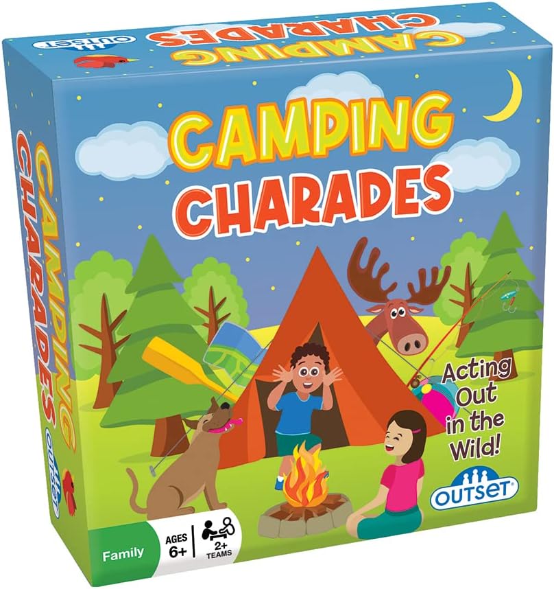 Box of 'Camping Charades' game by Outset Media with camping-themed illustration.
