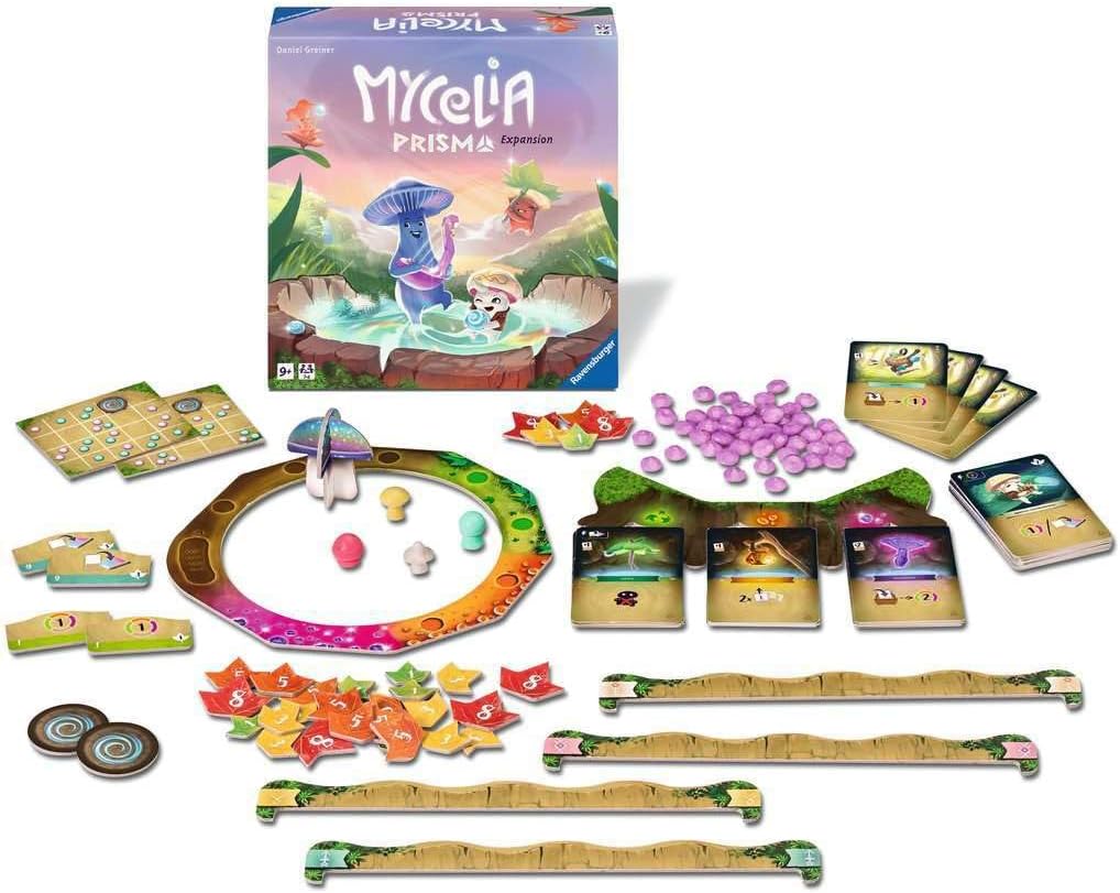 ravensburger Board game components including cards, tokens, and a board with 'Mycelia Prisma Expansion' packaging.