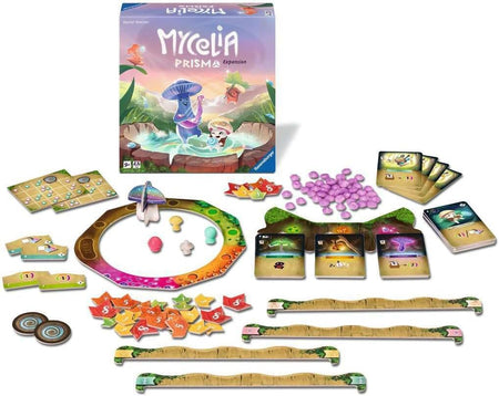 ravensburger Board game components including cards, tokens, and a board with 'Mycelia Prisma Expansion' packaging.