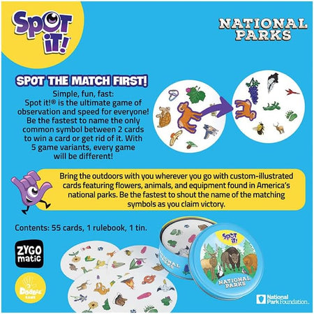 Promotional image of 'Spot It!' National Parks game packaging with game cards and tin.