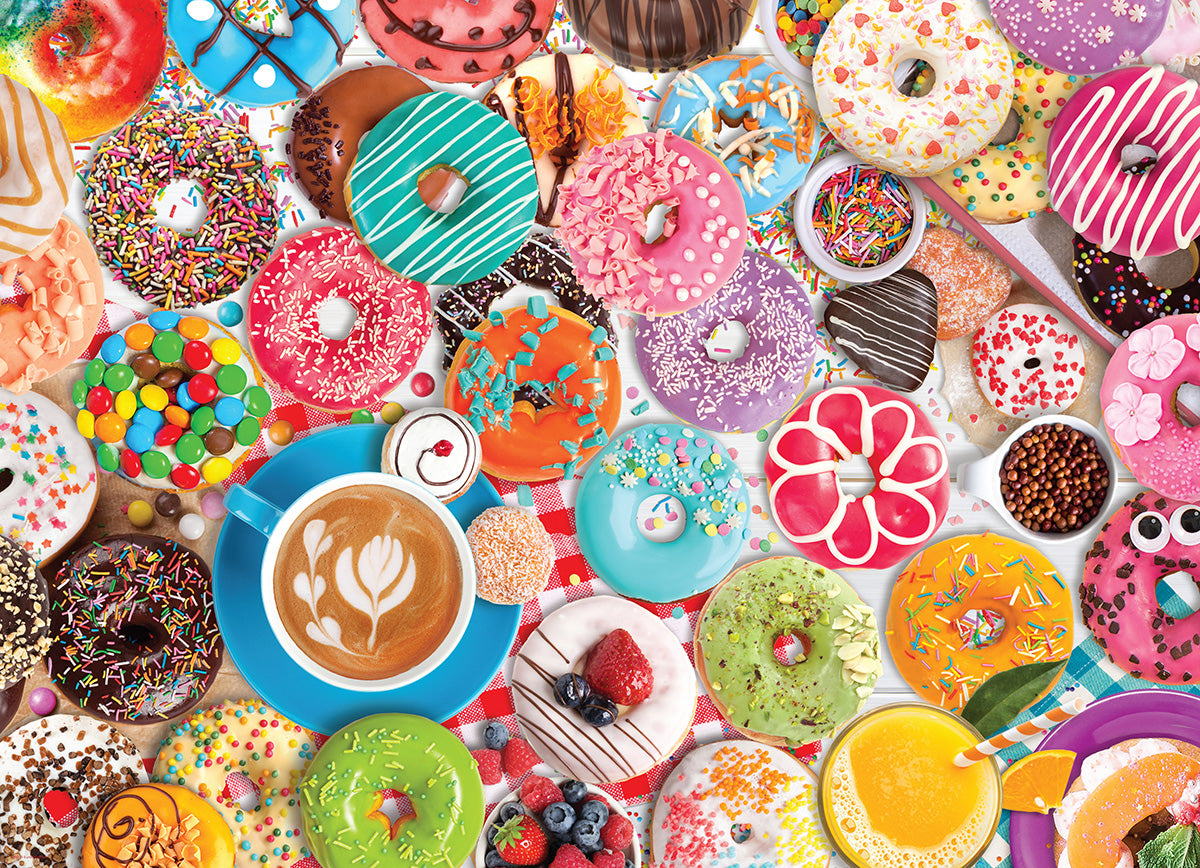 eurographics puzzle image of Colorful assortment of donuts and a coffee cup with latte art on a multicolored background.