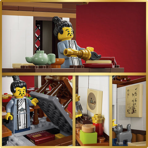 LEGO figure in a kitchen setting with various kitchen items and a red wall.