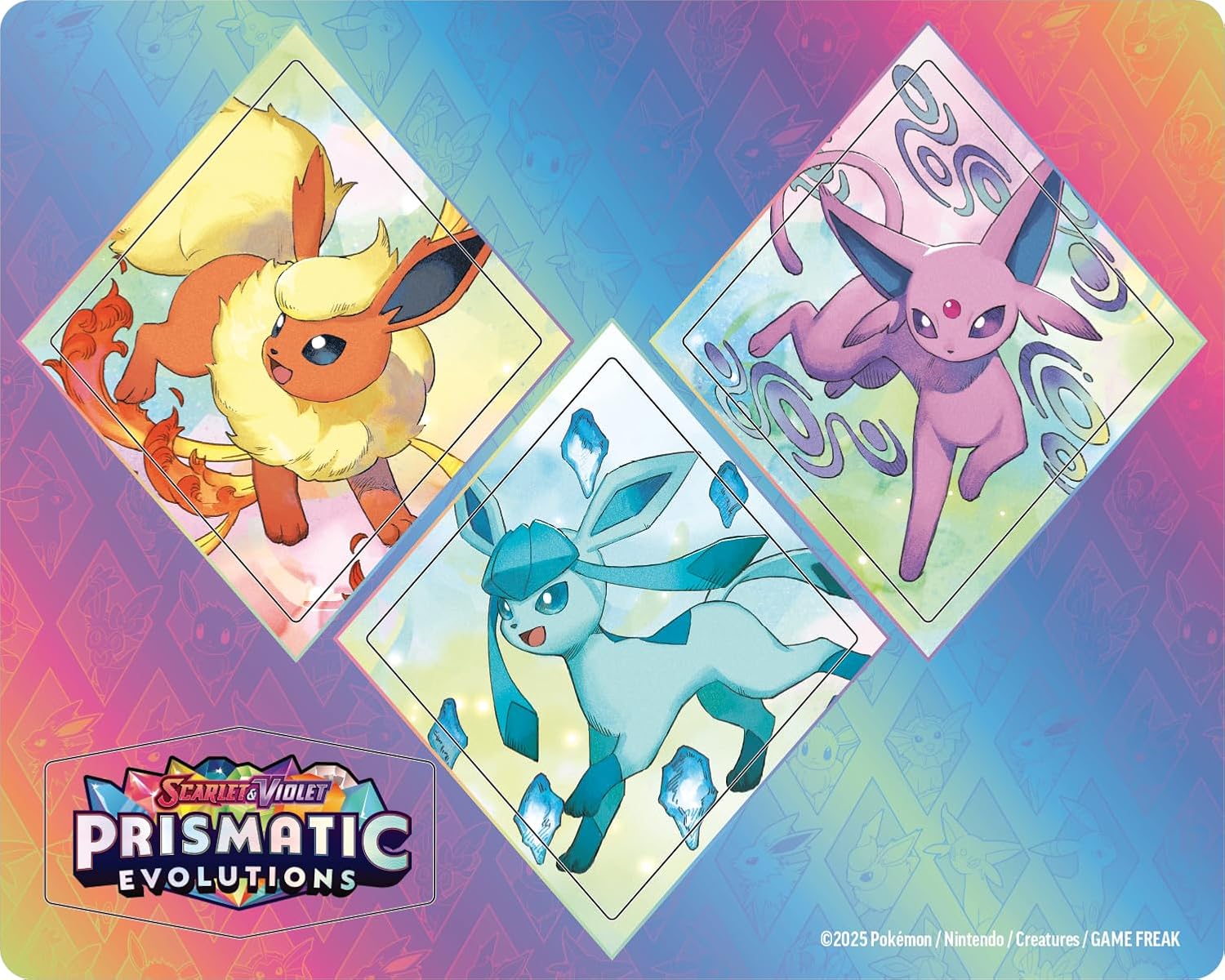 Three Prismatic Evolutions cards featuring Eevee, Umbreon, and Espeon on a colorful background.