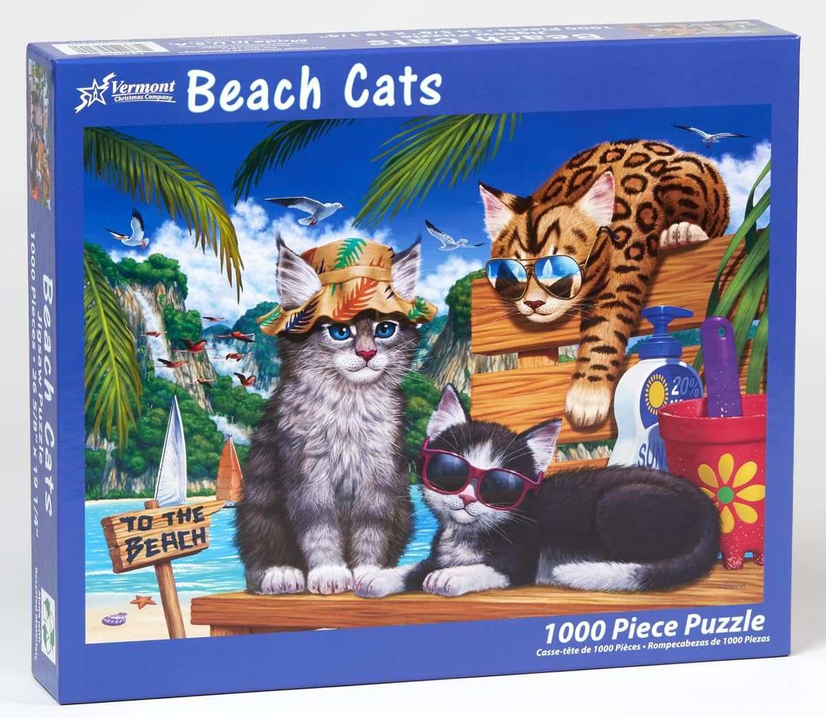 Vermont christmas company 1000-piece Jigsaw puzzle box featuring cats at the beach with a tropical scene.