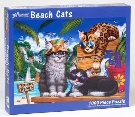 Vermont christmas company 1000-piece Jigsaw puzzle box featuring cats at the beach with a tropical scene.