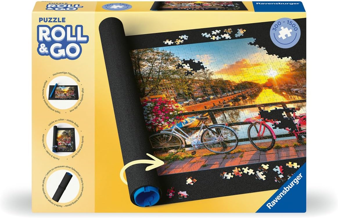 Ravensburger Roll & Go puzzle packaging with a scenic image of bicycles and a sunset.