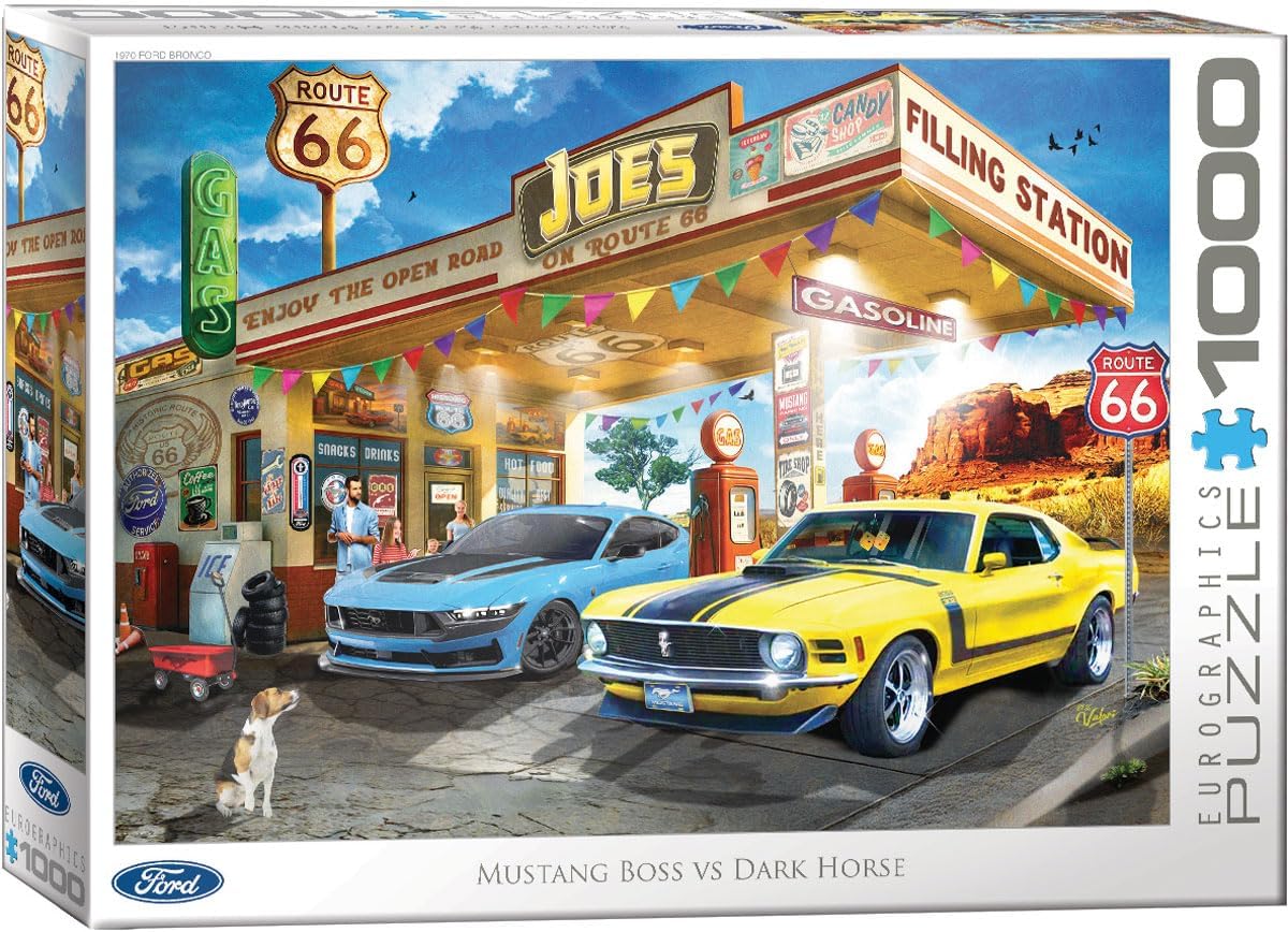 Eurographics 1000-piece Jigsaw puzzle box featuring a Route 66 gas station scene with mustang boss vs dark horse and a dog.