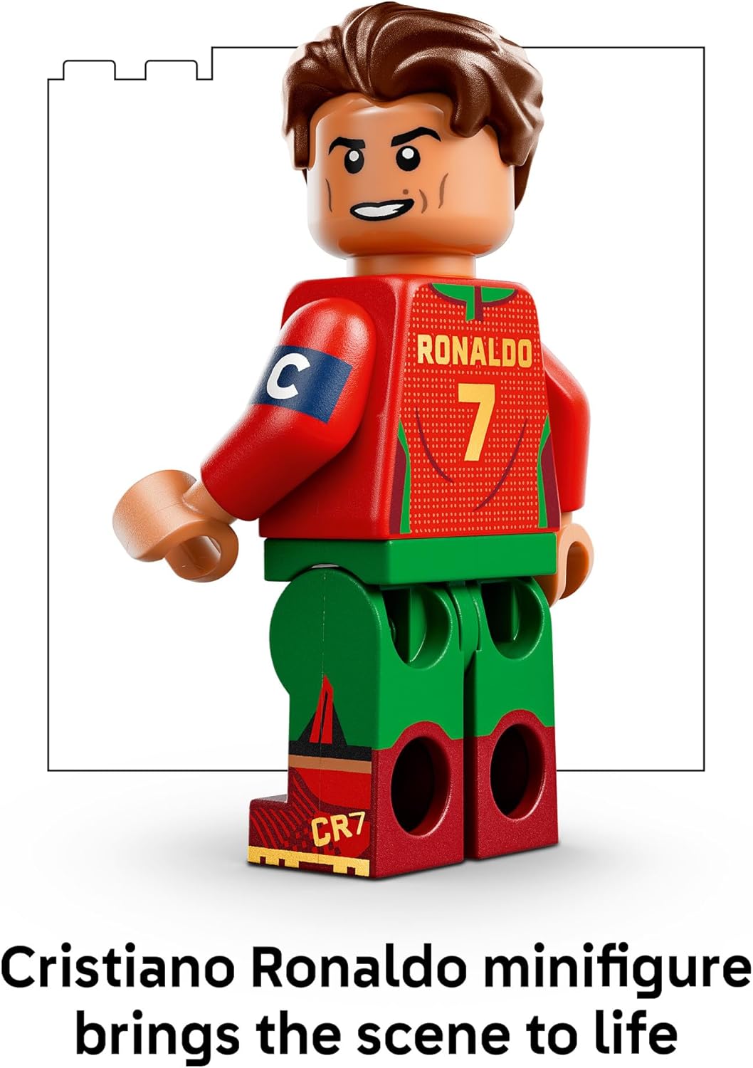 LEGO minifigure of Cristiano Ronaldo with a red number 7 jersey and green shorts as part of set 43012.