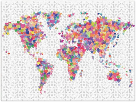 500 piece Puzzle image of the world made up of colorful hearts