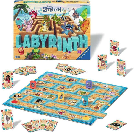 ravensburger Disney Stitch Labyrinth board game with packaging and pieces on a white background
