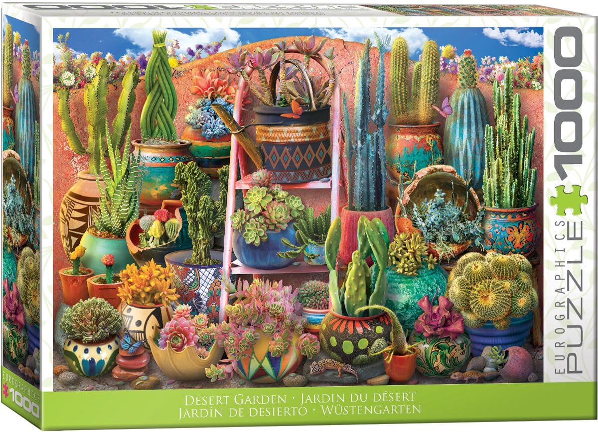 Eurographics desert garden 1000-piece Jigsaw puzzle box featuring a colorful display of cacti and succulents.