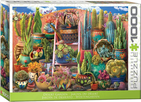 Eurographics desert garden 1000-piece Jigsaw puzzle box featuring a colorful display of cacti and succulents.