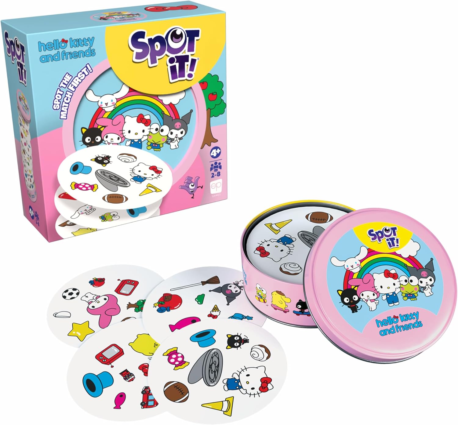 Spot It! game set with Hello Kitty and friends packaging on a white background