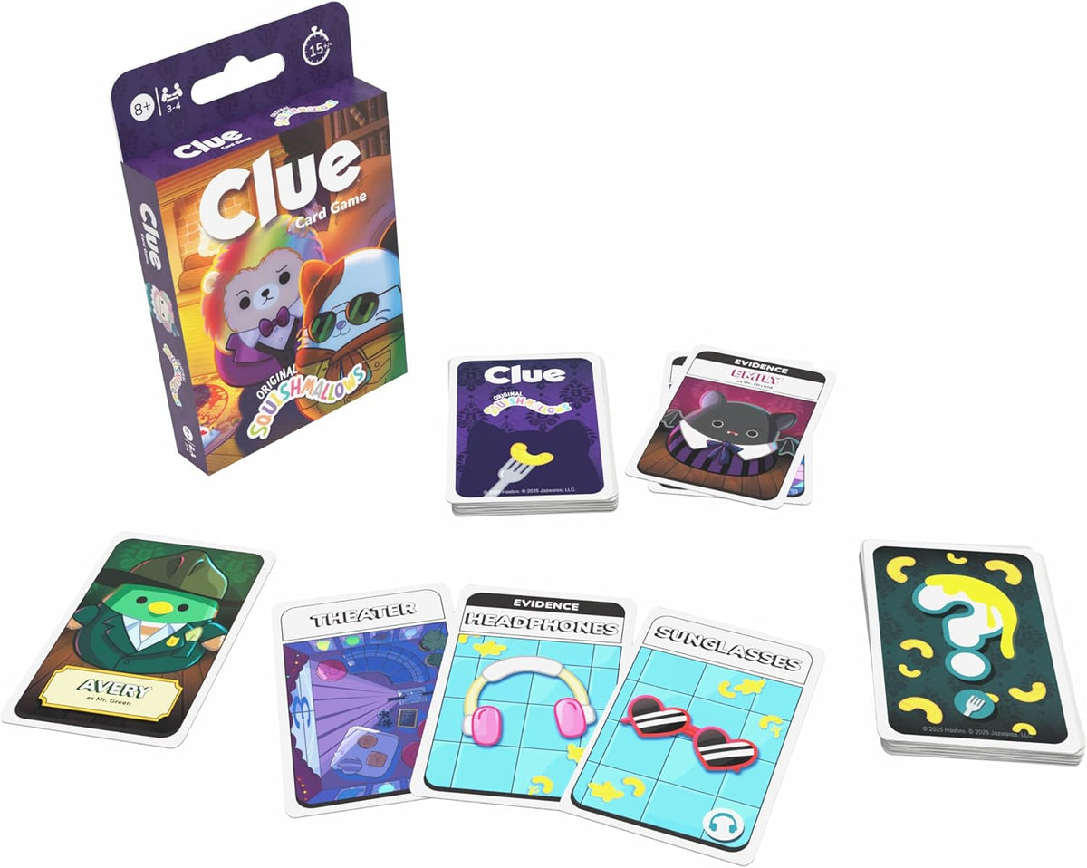 Clue squishmallows game cards and packaging on a white background