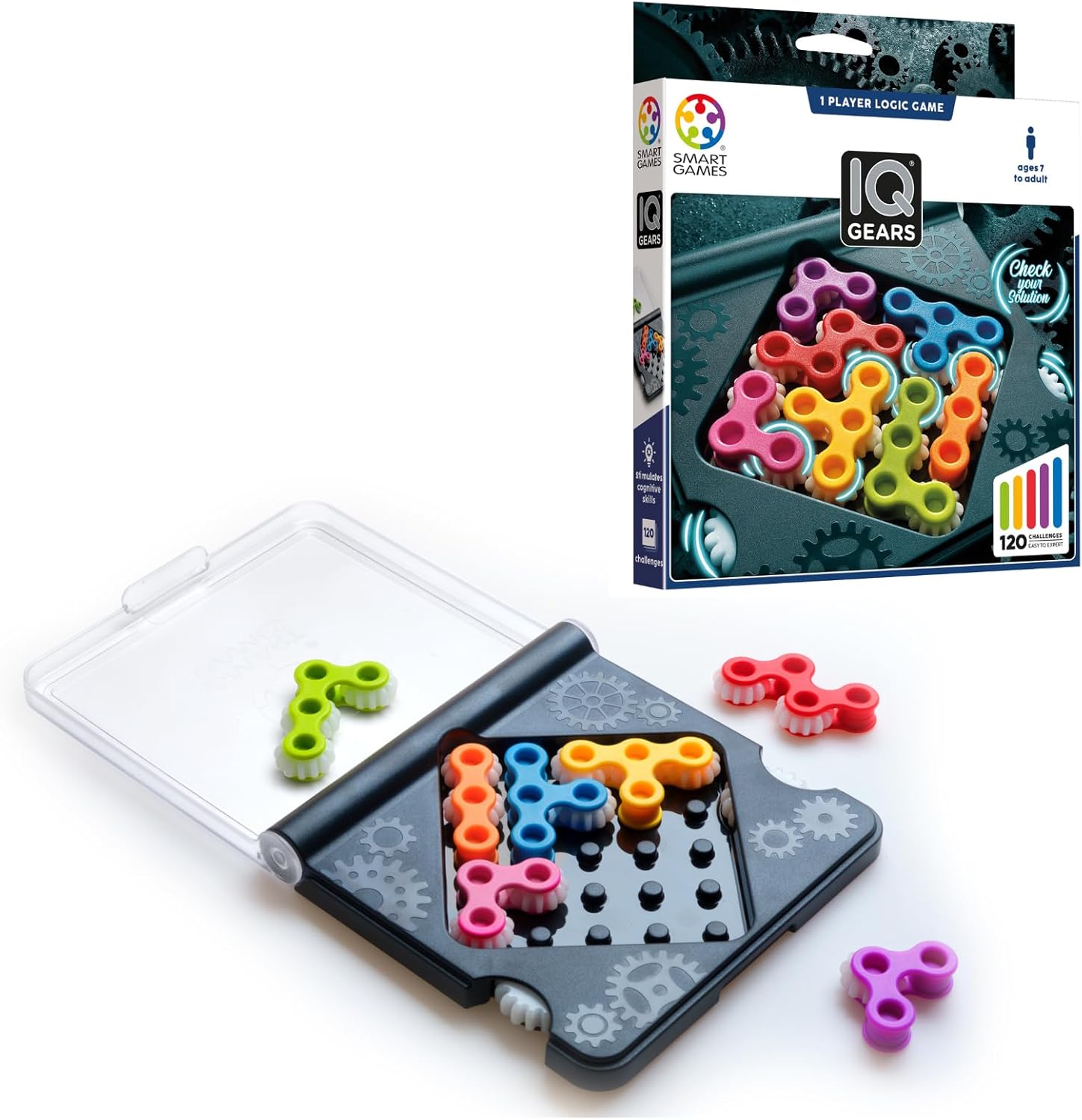 smart games IQ Gears puzzle game with colorful gears and packaging on a white background