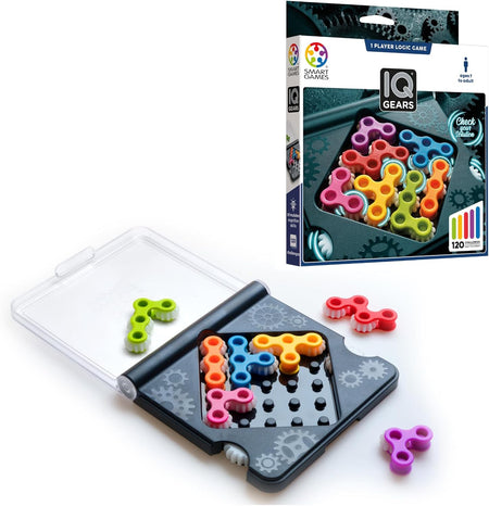 smart games IQ Gears puzzle game with colorful gears and packaging on a white background