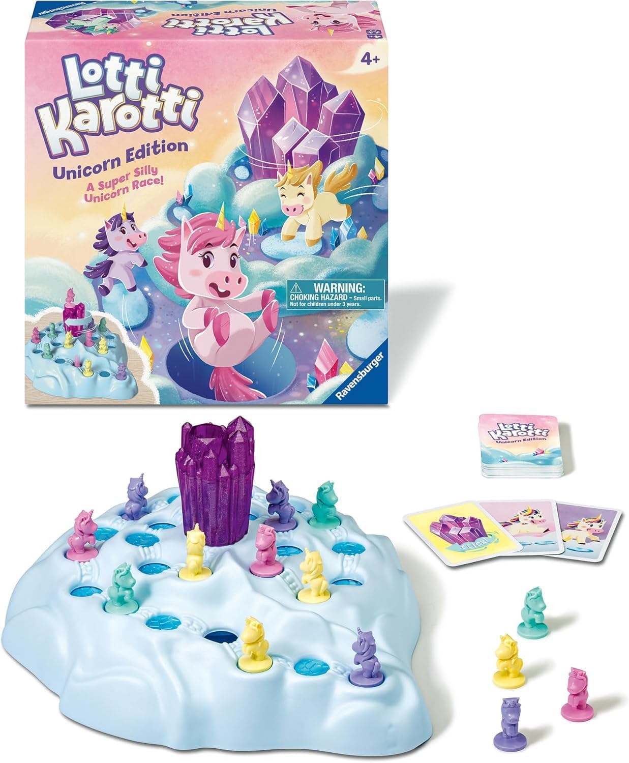 ravensburger Lotti Karotti Unicorn Edition board game with packaging and components on a white background