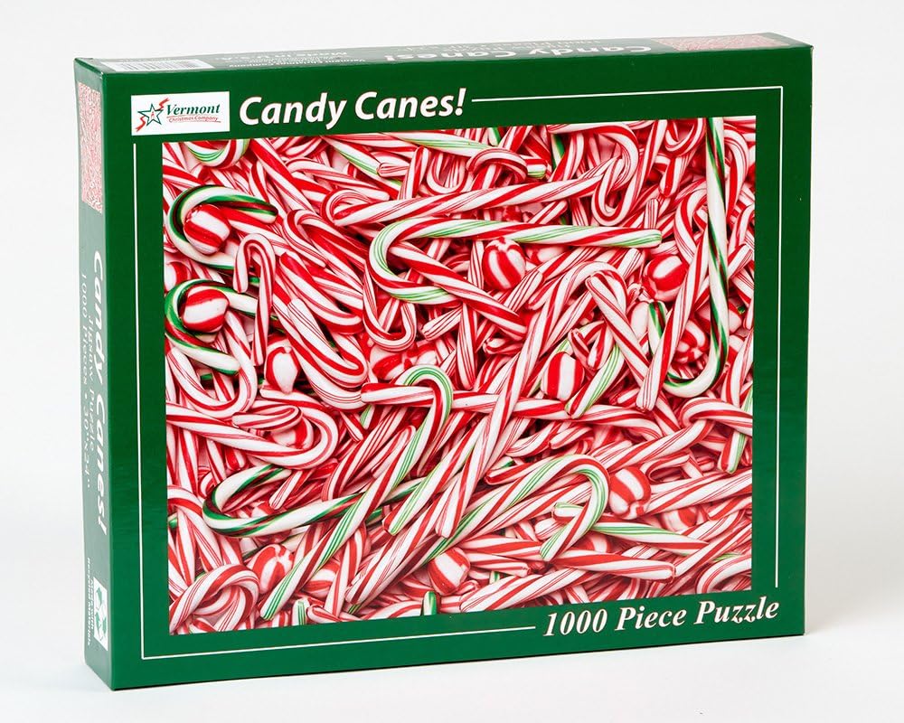 vermont christmas company Jigsaw puzzle box featuring candy canes with a green border