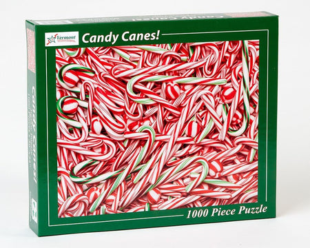 vermont christmas company Jigsaw puzzle box featuring candy canes with a green border