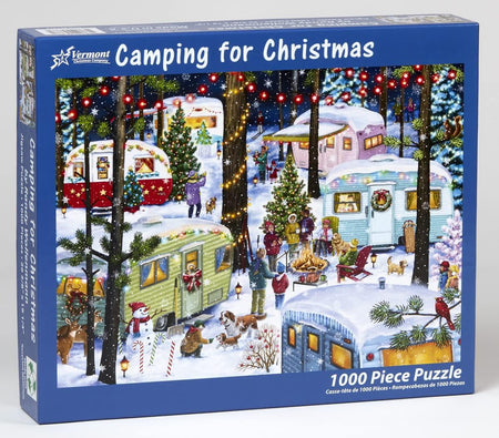 vermont christmas company 1000-piece jigsaw Puzzle box titled 'Camping for Christmas' with winter scene design.