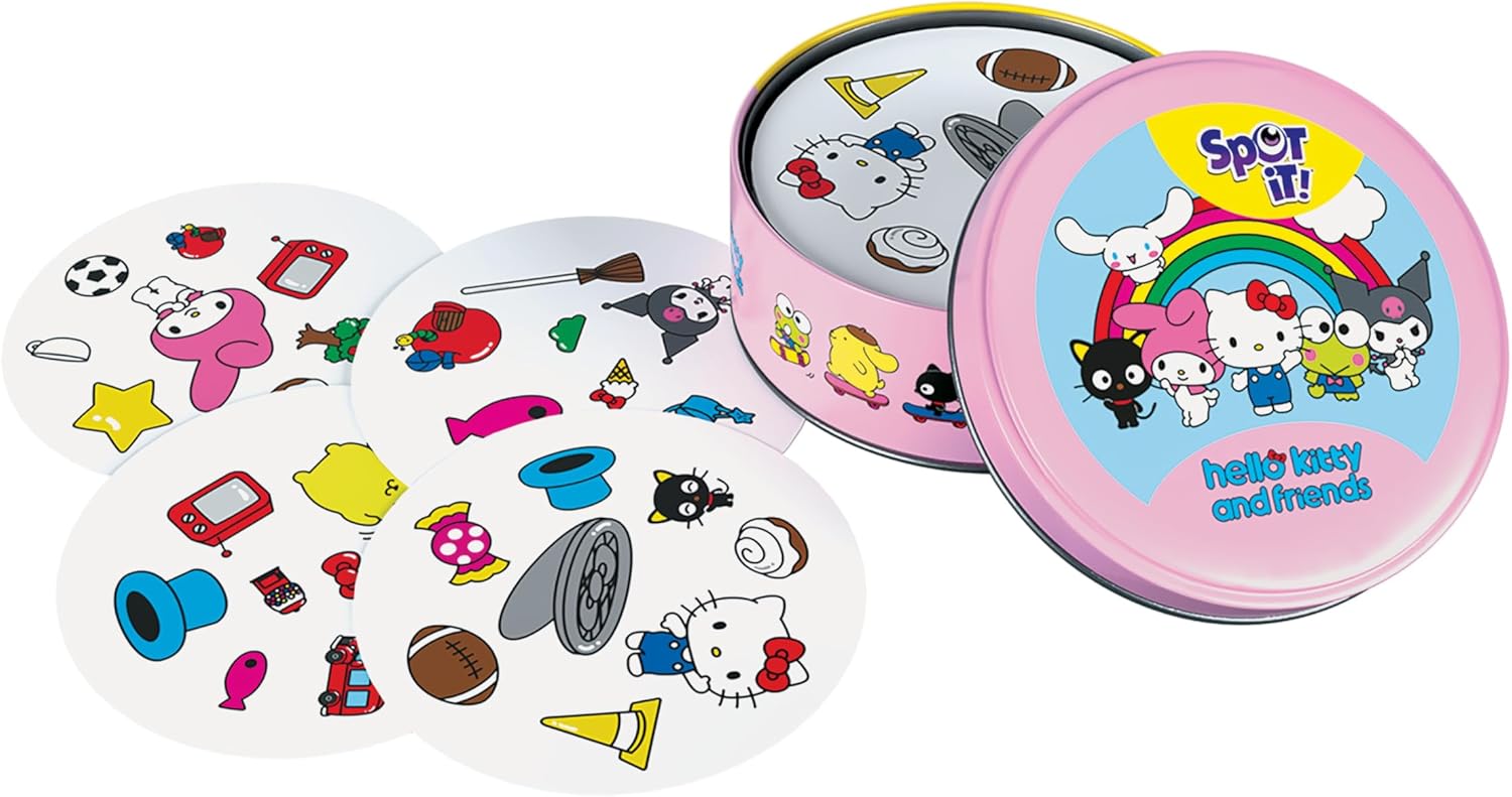Hello Kitty and friends Spot It! game with colorful cards and pink tin.