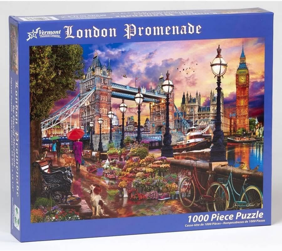 Vermont christmas company 1000-piece Jigsaw puzzle box featuring a scenic view of London with Tower Bridge and Big Ben.