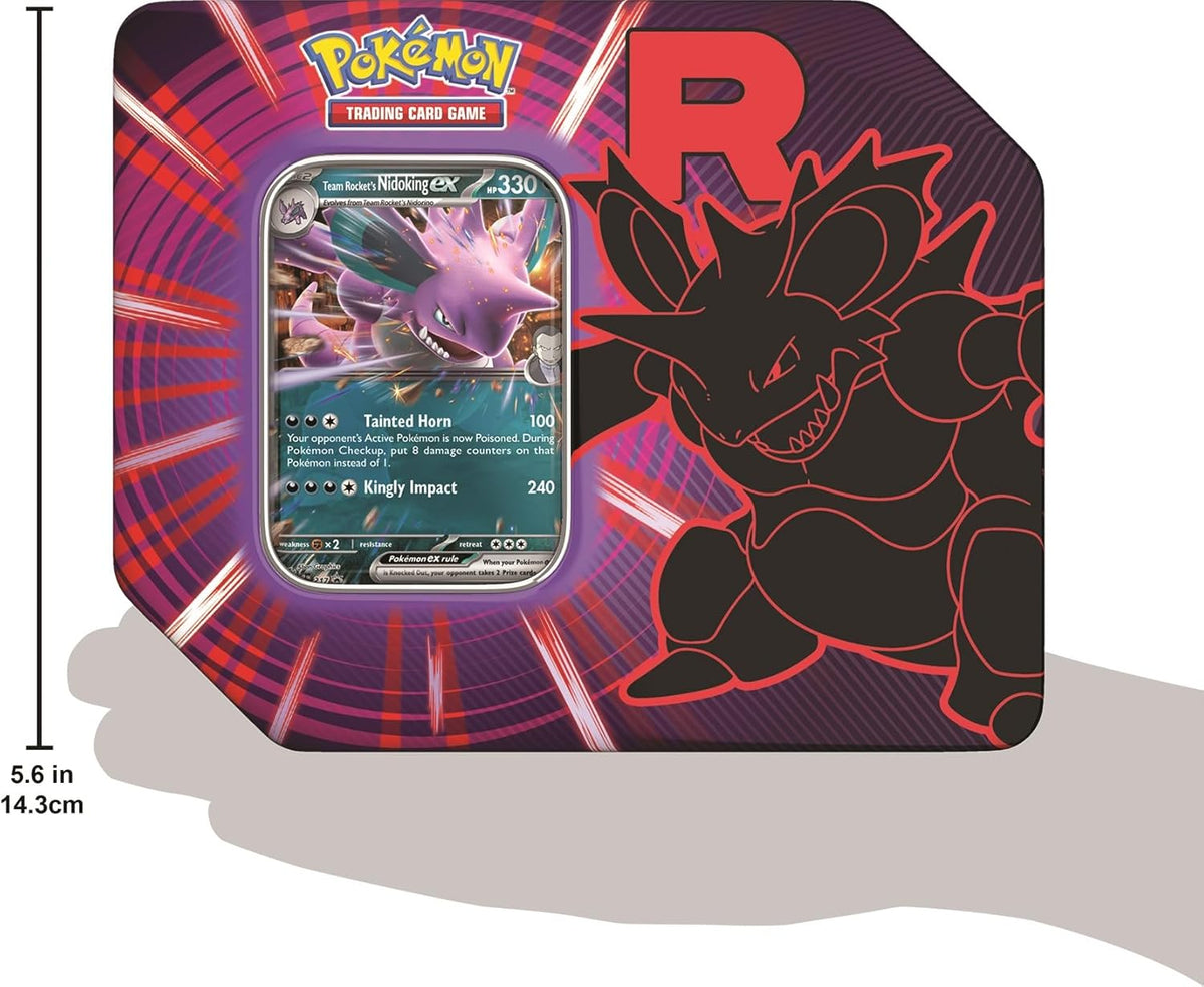 Pokémon trading card game packaging with a card inside, featuring a Pokémon illustration on a purple background.