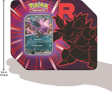 Pokémon trading card game packaging with a card inside, featuring a Pokémon illustration on a purple background.