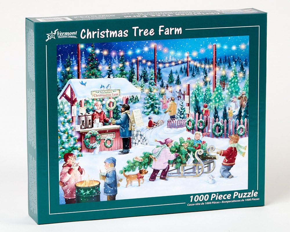 vermont christmas company 1000-piece Jigsaw puzzle box featuring a Christmas tree farm scene with people and trees.