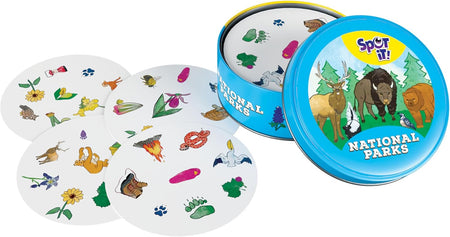 Set of 'Spot It!' National Parks card game with colorful cards and blue tin.