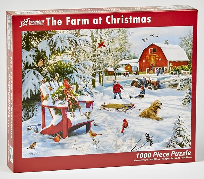 Vermont Christmas Company 1000-piece Jigsaw puzzle titled 'The Farm at Christmas' with a snowy farm scene illustration.