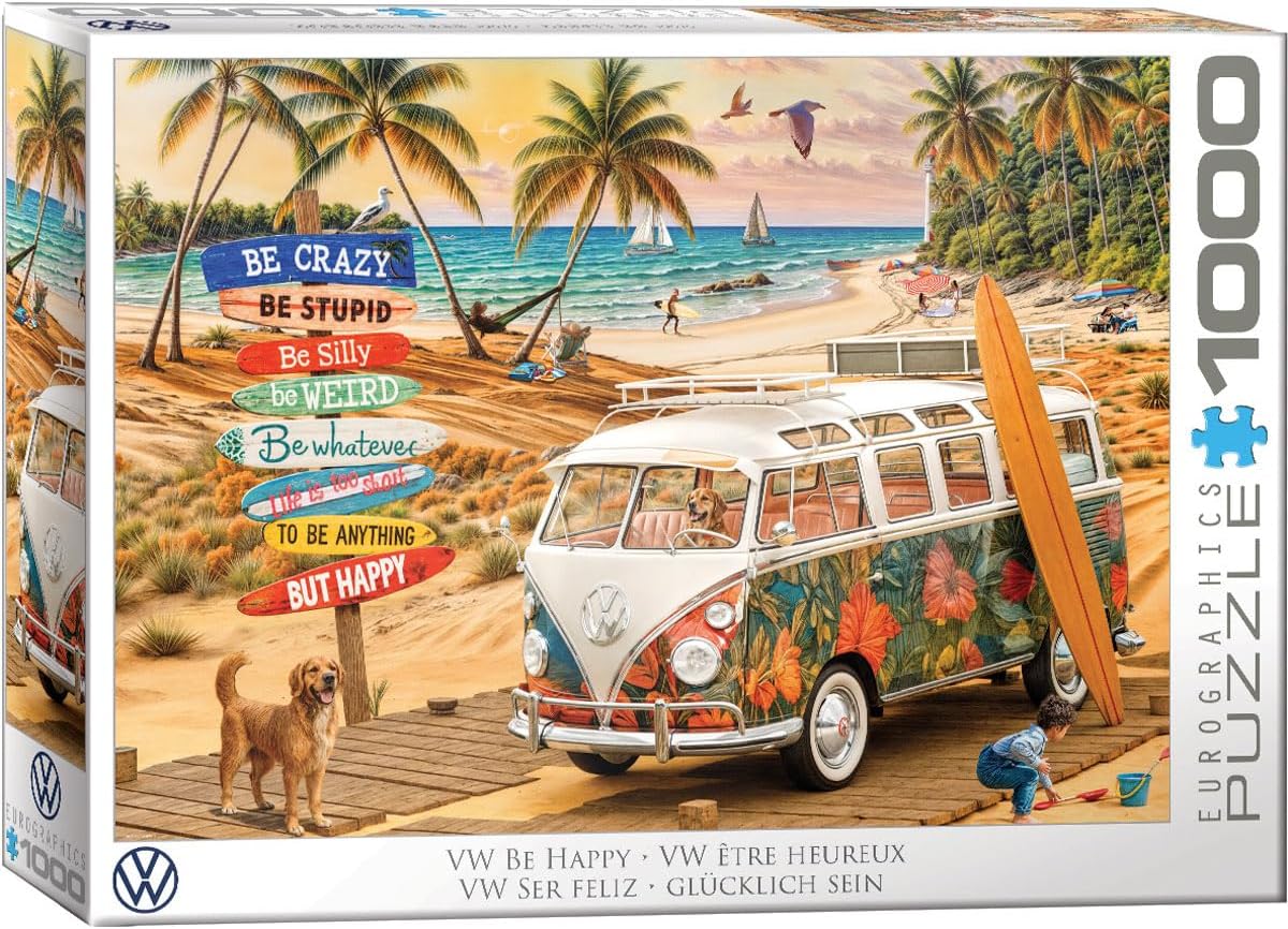 Eurographics 1000-piece VW bus jigsaw puzzle packaging with beach scene and motivational quotes