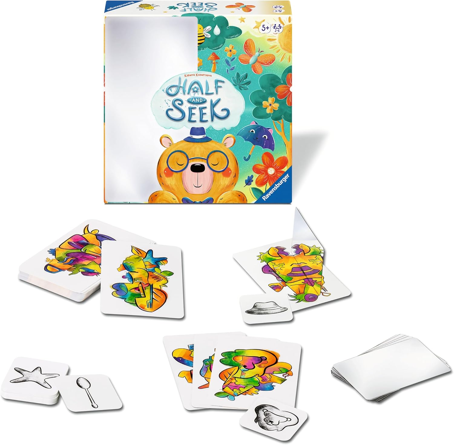 ravensburger Colorful card game 'Half & Seek' with cards and packaging on a white background