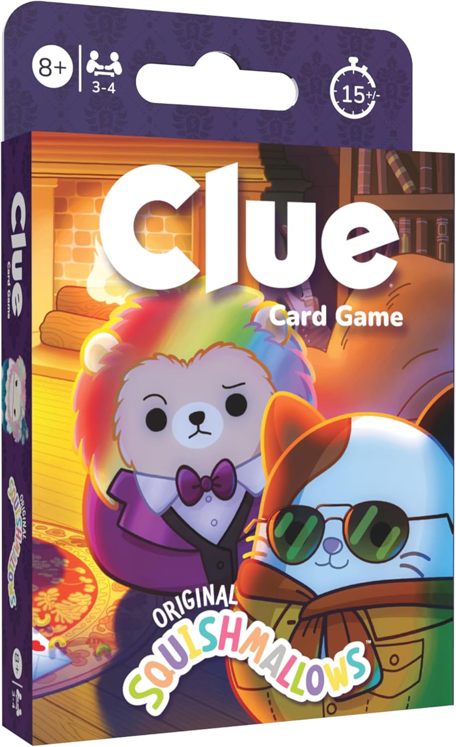 Clue card game packaging with Squishmallows characters on a colorful background