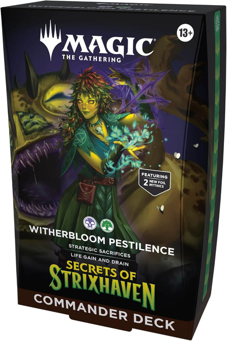 Card game box for 'Magic: The Gathering' with character illustration and text. witherbloom pestilence