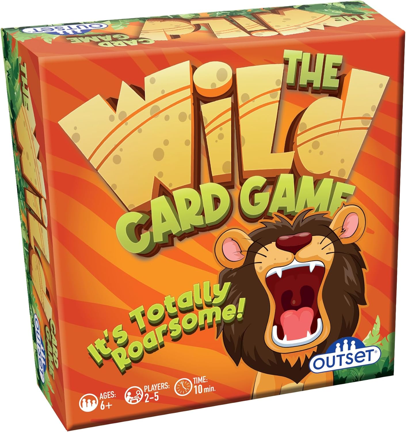Box of 'The Wild Card Game' with a lion illustration and Outset Media branding.