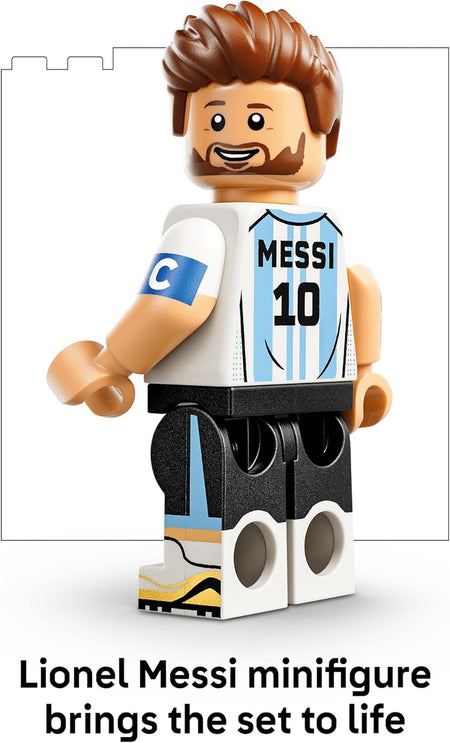 LEGO minifigure of a soccer player in a jersey with 'Messi' and number '10'.