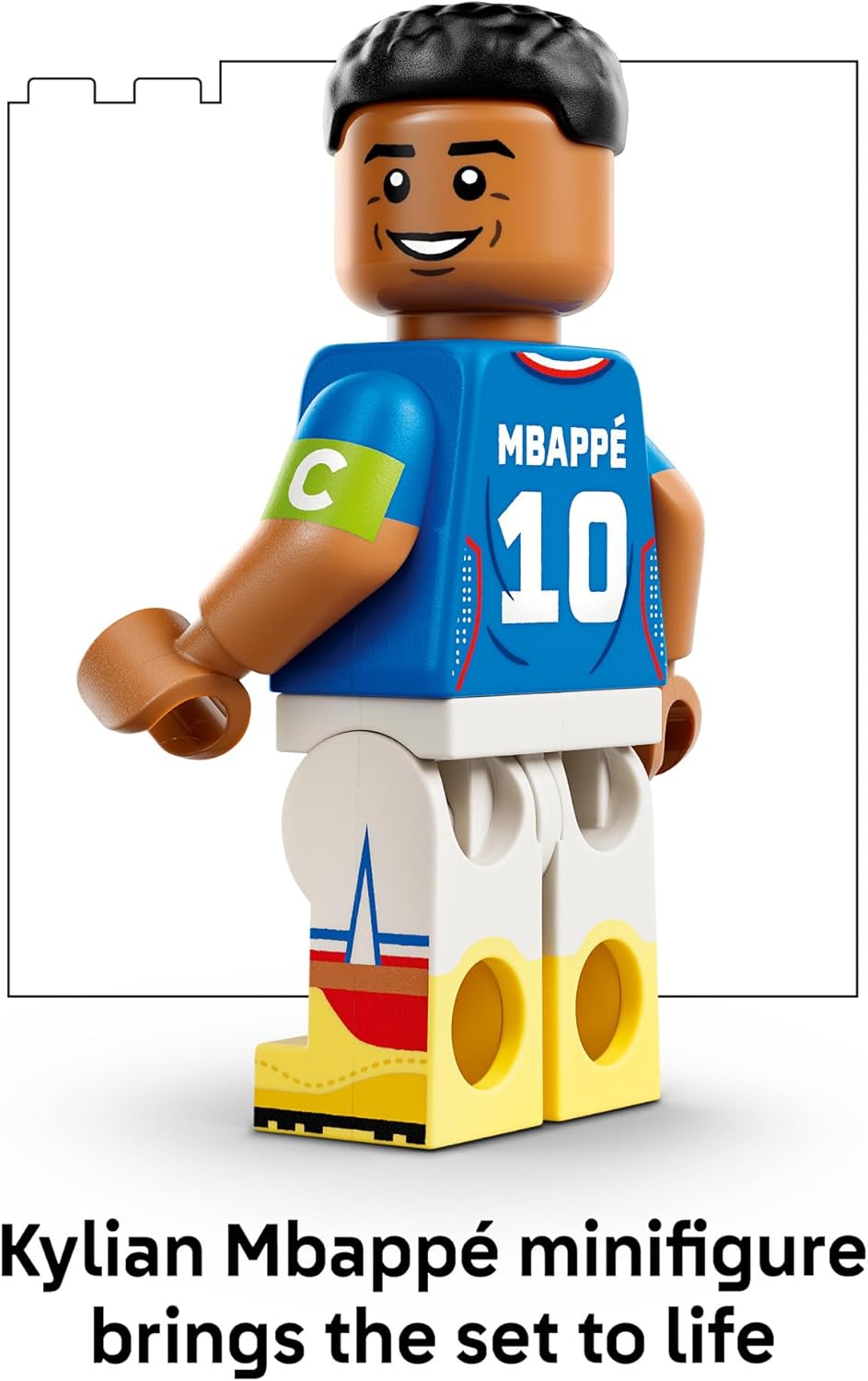LEGO minifigure of Kylian Mbappé with a blue number 10 jersey and white shorts as part of set 43013.