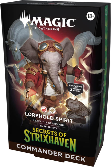 Card game box for 'Secrets of Strixhaven' with an elephant character on a dark background lorehold spirit