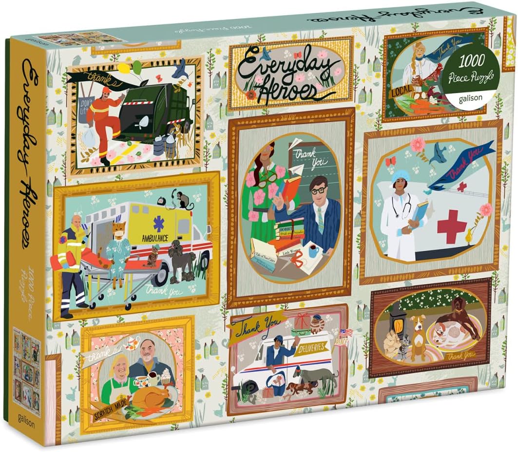 Jigsaw puzzle box titled 'Everyday Heroes' with illustrations of various professionals on a white background.