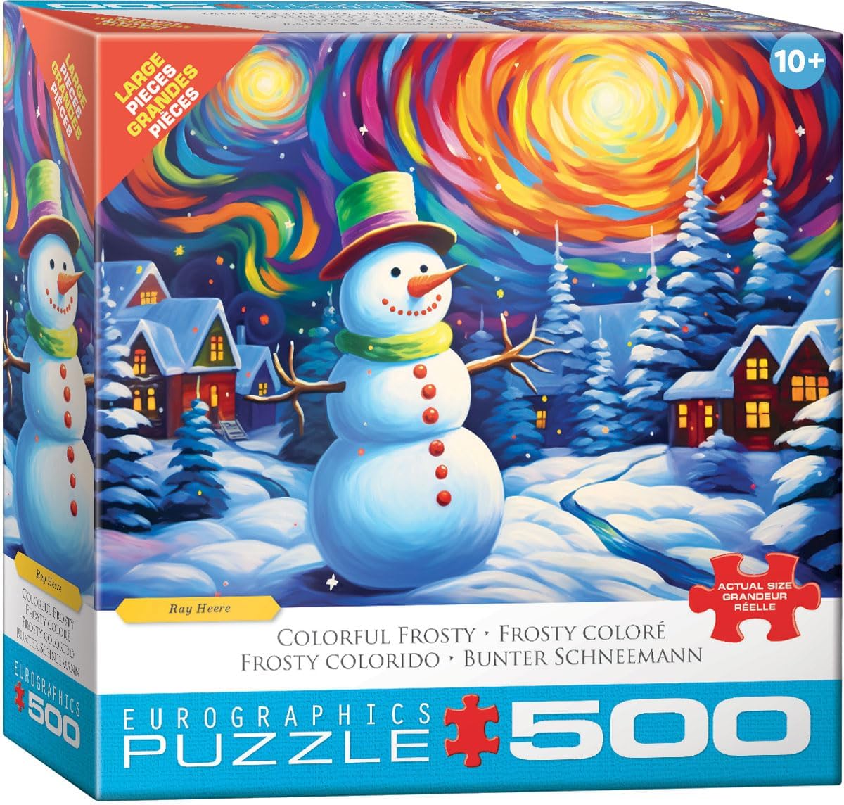 Eurographics 500-piece jigsaw puzzle box with a colorful winter scene featuring a snowman and houses.