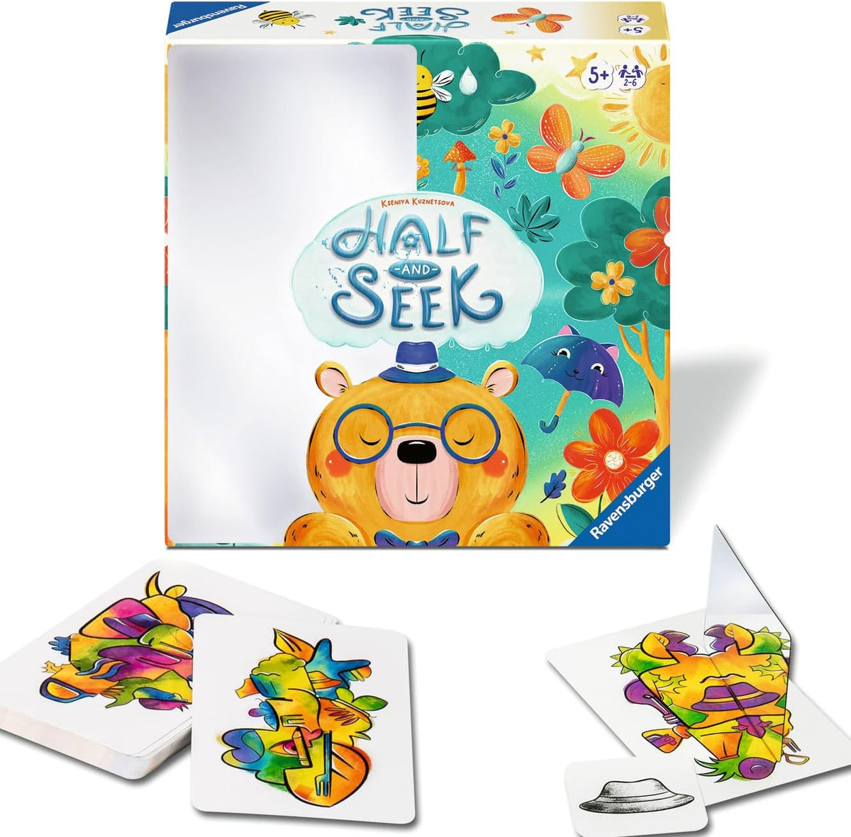 ravensburger Children's card game 'Half & Seek' with colorful cards and a bear illustration on the box.