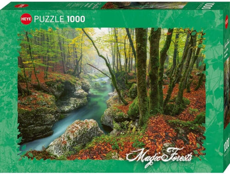 Heye 1000-piece Jigsaw puzzle with a scenic forest and river illustration on a green background.