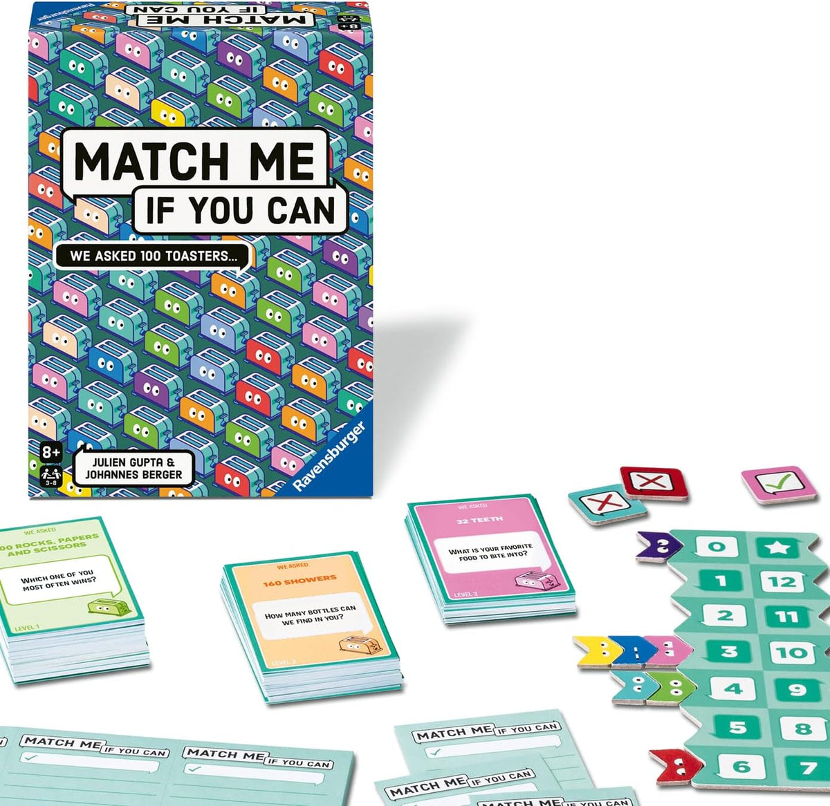 ravensburger game packaging and cards titled 'Match Me If You Can' with colorful toasters.