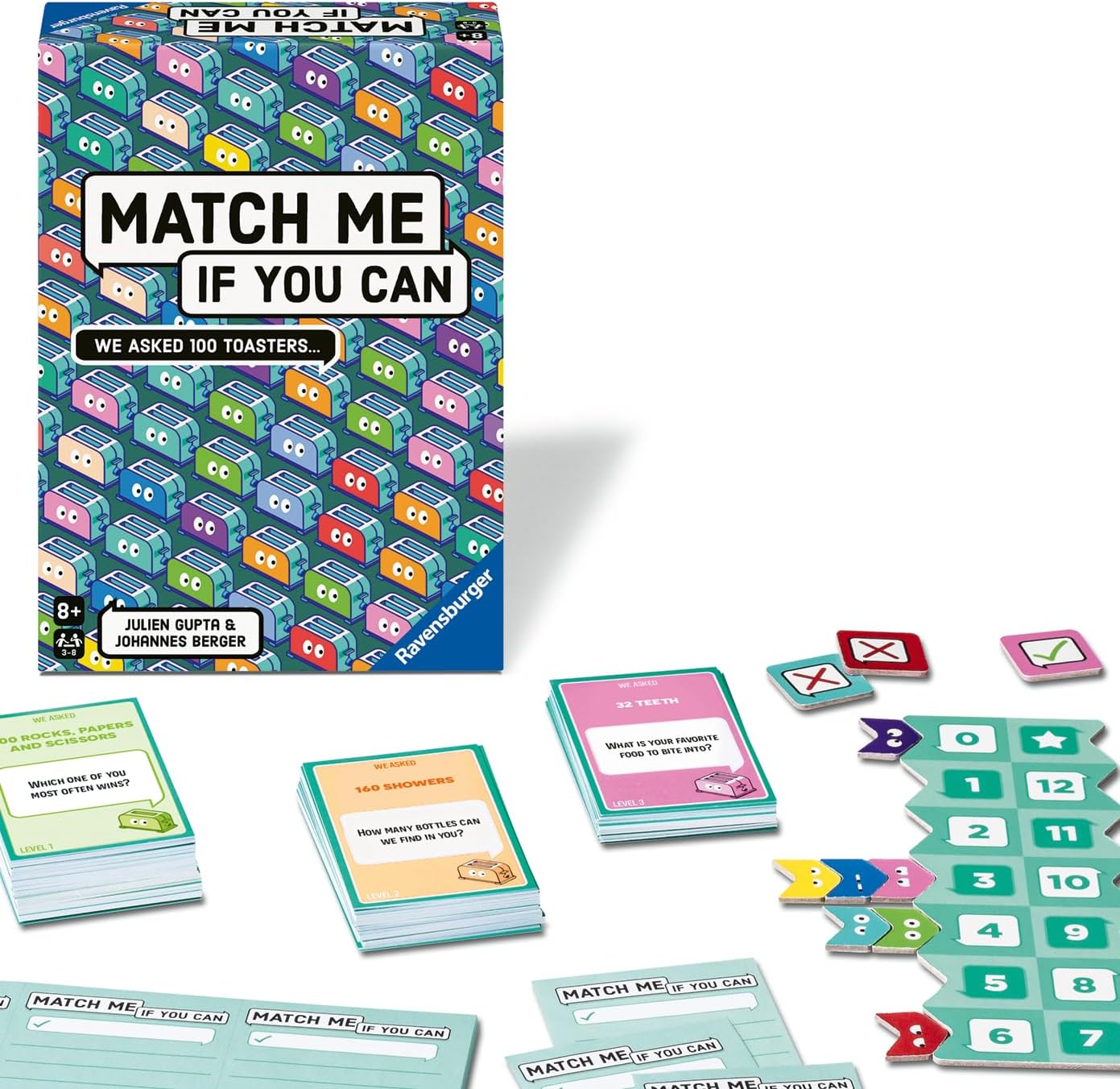 ravensburger game packaging and cards titled 'Match Me If You Can' with colorful toasters.